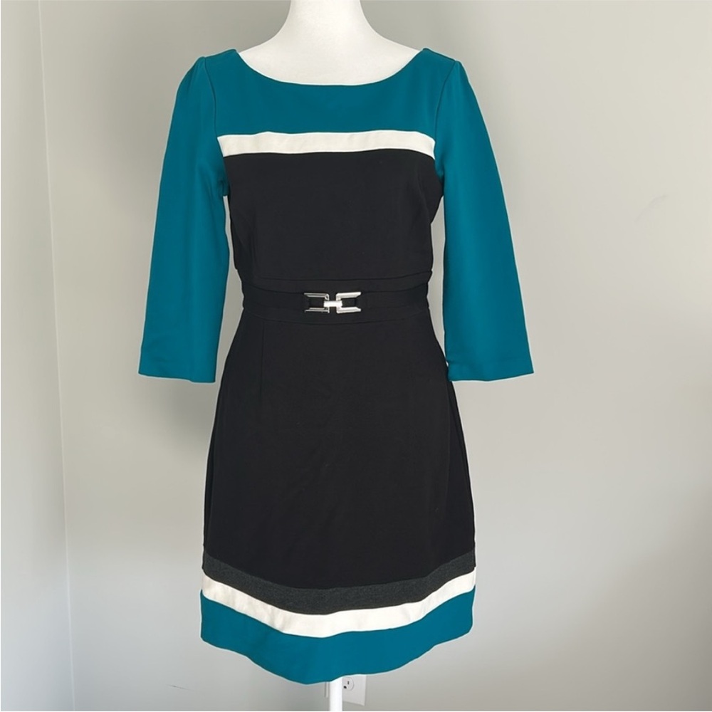White House Black Market Teal and Black Colorblock Sheath Dress